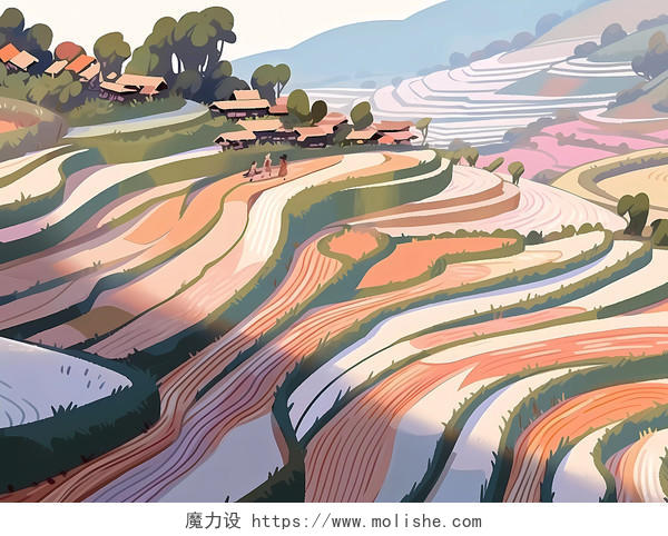 芒种季皮克斯风格橙红峰峦稻田的山地梯级场景